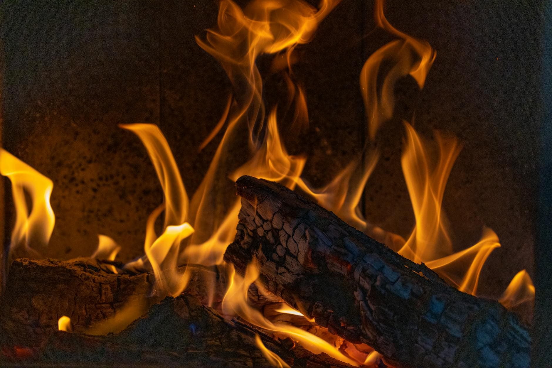A close-up view of vibrant flames dancing around burning firewood creating a warm ambience.